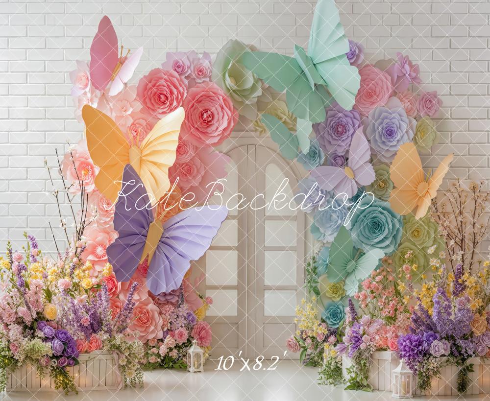Kate Butterfly Floral Arch White Brick Fleece Backdrop Designed by Emetselch - Image 3