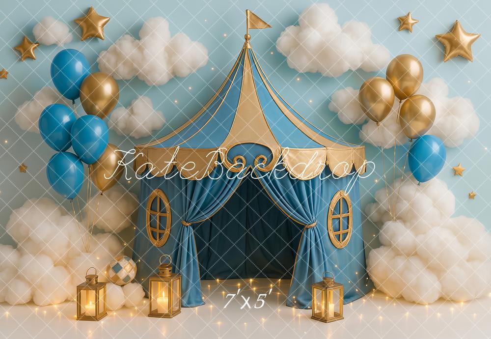 Kate Cake Smash Blue Circus Tent Balloon Backdrop Designed by Ashley Paul