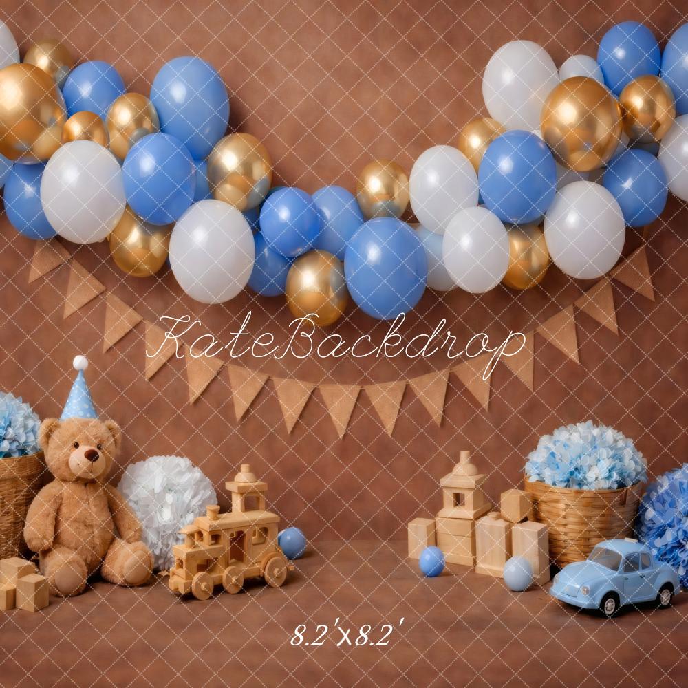Kate Cake Smash Blue Gold Balloons Teddy Bear Backdrop Designed by Vertigo Productions - Image 5