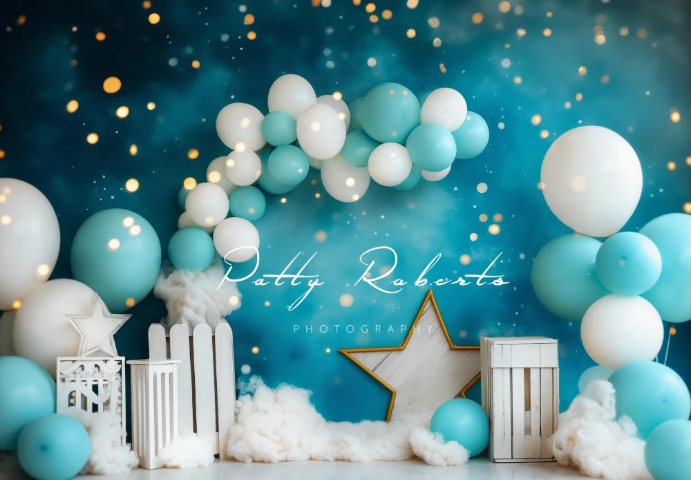 Kate Cake Smash Blue White Balloon Star Light Backdrop Designed by Patty Robert