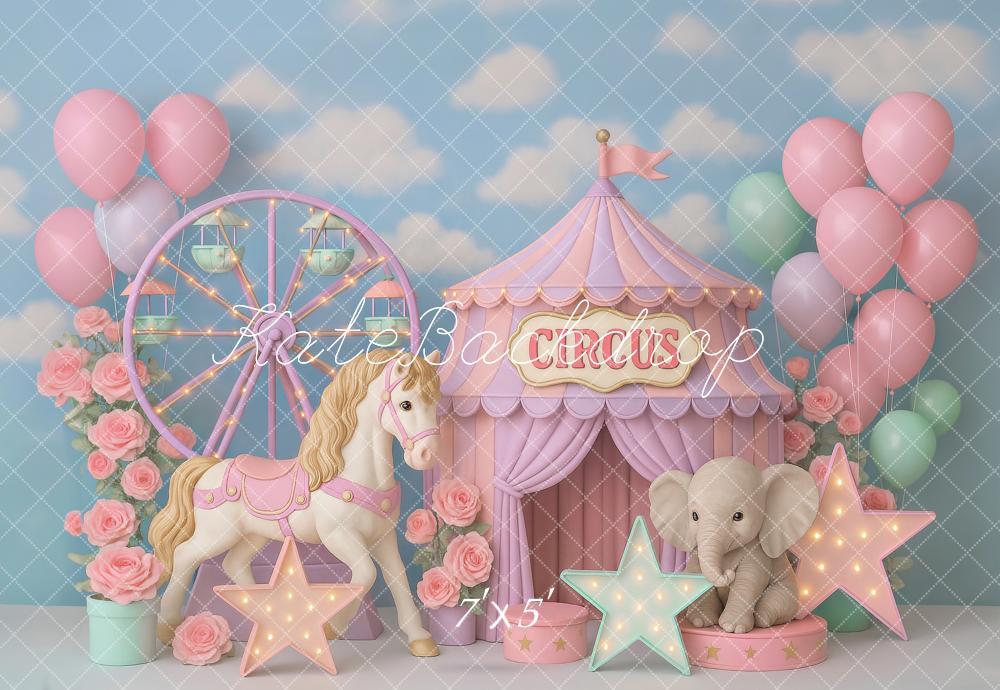 Kate Cake Smash Circus Carousel Elephant Backdrop Designed by Ashley Paul