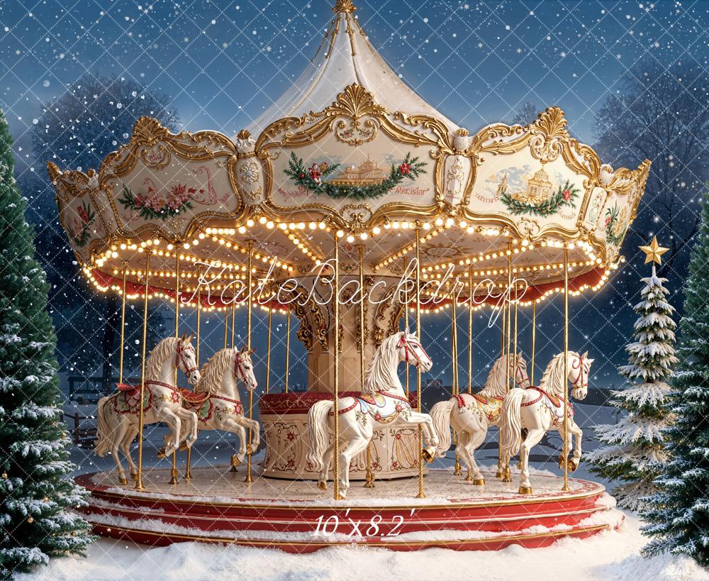 Kate Carousel Horses Snowy Christmas Trees Backdrop Designed by Emetselch - Image 6