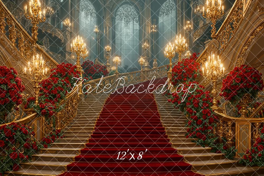 Kate Cascading Stairs Red Roses Grand Chandelier Fleece Backdrop Designed by Emetselch - Image 4