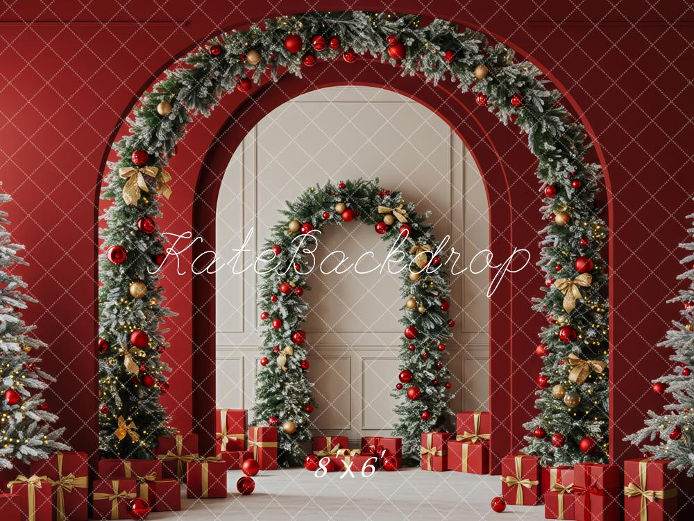 Kate Christmas Arch Garland Presents Red Fleece Backdrop Designed by Patty Robert