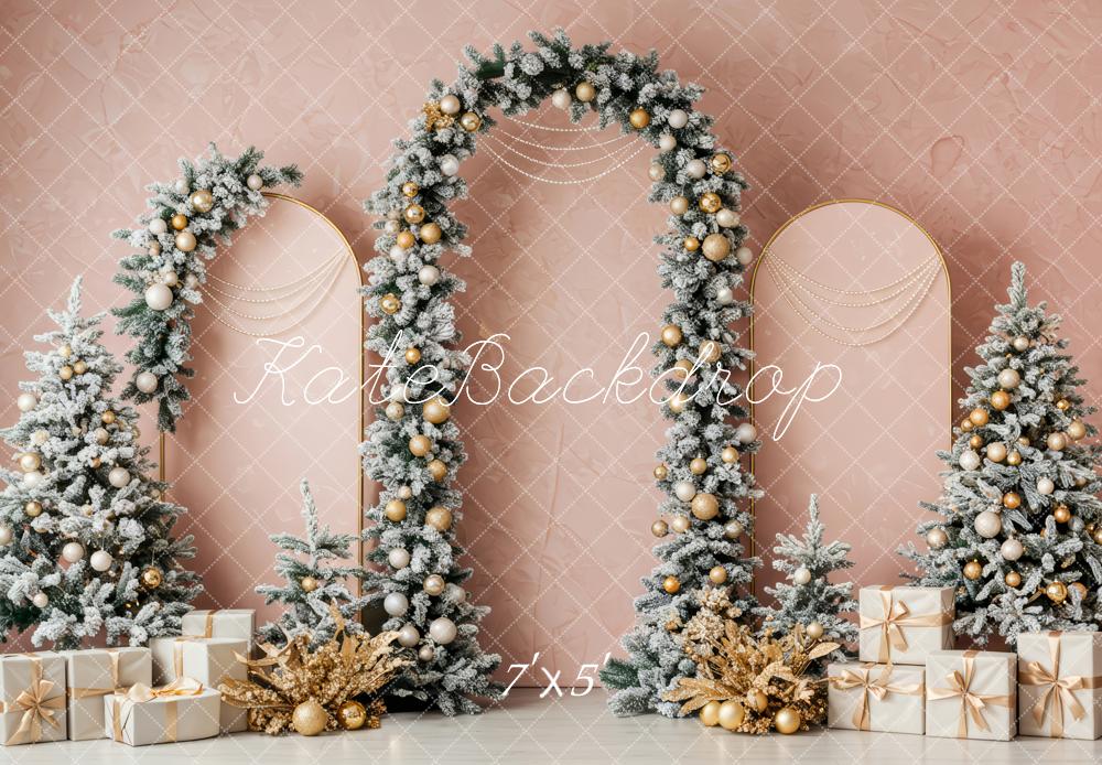 Kate Christmas Arch Snowy Trees Presents Pink Backdrop Designed by Patty Robert