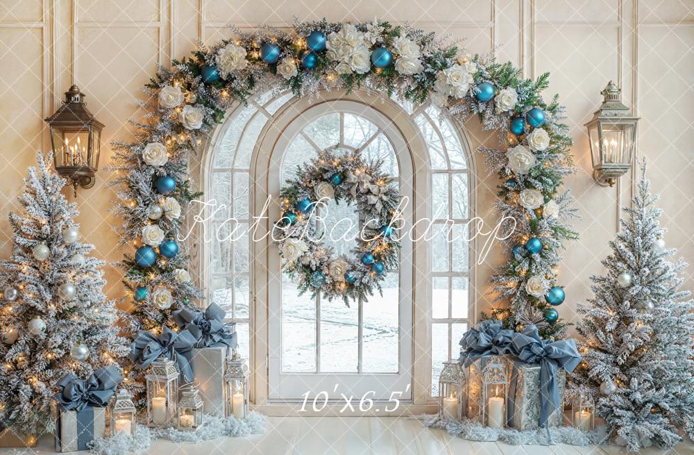Kate Christmas Arch Window Trees Blue Ornaments Backdrop Designed by Emetselch - Image 4