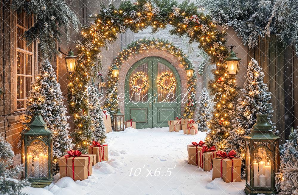 Kate Christmas Archway Snow Gifts Lanterns Fleece Backdrop Designed by Emetselch - Image 2