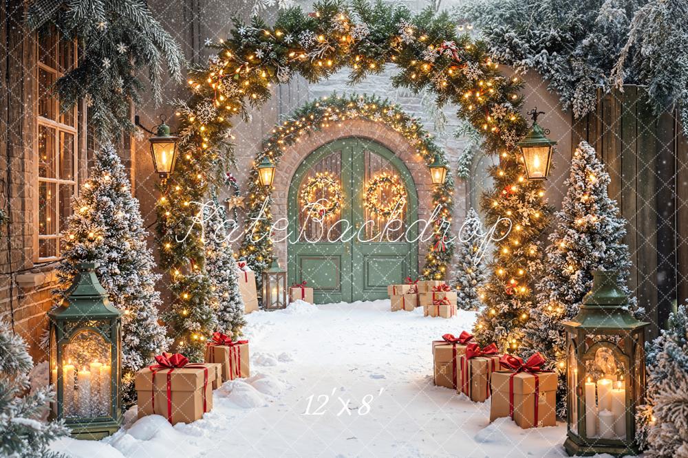 Kate Christmas Archway Snow Gifts Lanterns Fleece Backdrop Designed by Emetselch - Image 4