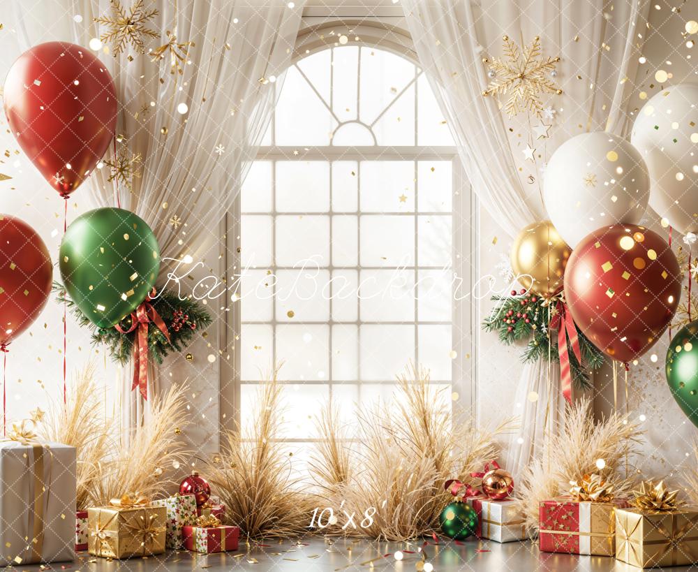 Kate Christmas Balloons Window Gifts Fleece Backdrop Designed by Emetselch - Image 3