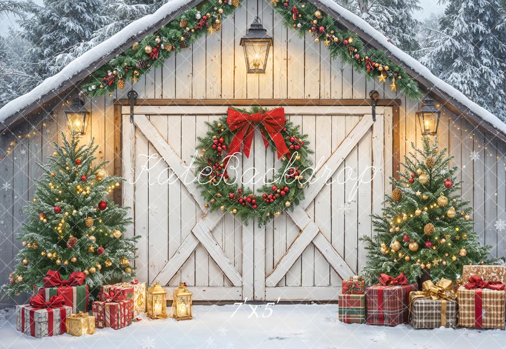 Kate Christmas Barn Door Garland Trees Presents Backdrop Designed by Emetselch