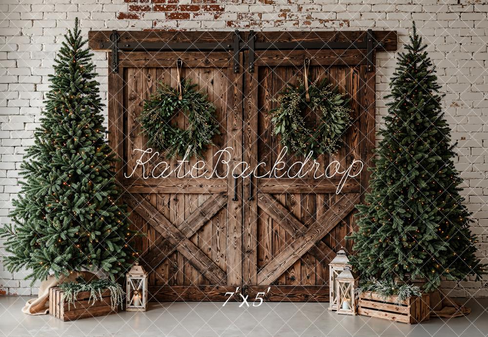 Kate Christmas Barn Door Wreath Trees Rustic Backdrop Designed by Emetselch