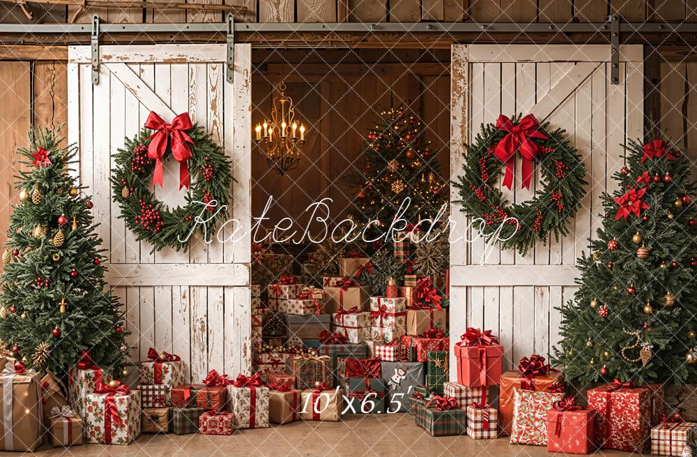 Kate Christmas Barn Door Wreaths Trees Presents Backdrop Designed by Emetselch - Image 4