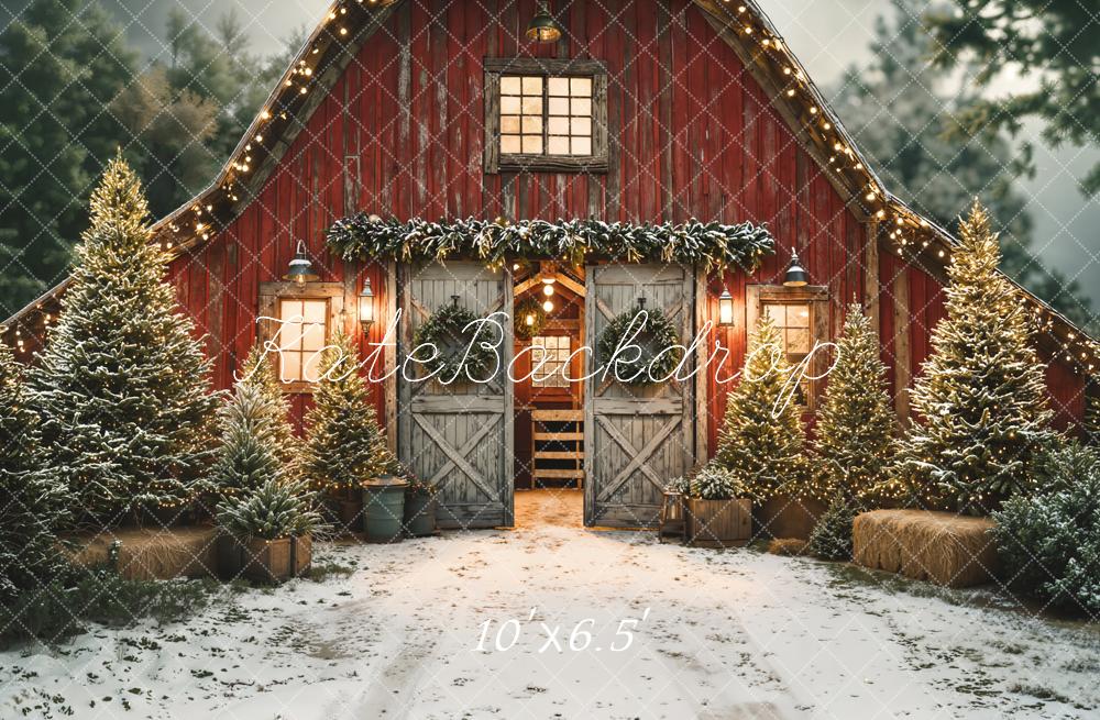 Kate Christmas Barn Red Wood Snow Trees Fleece Backdrop Designed by Emetselch - Image 2