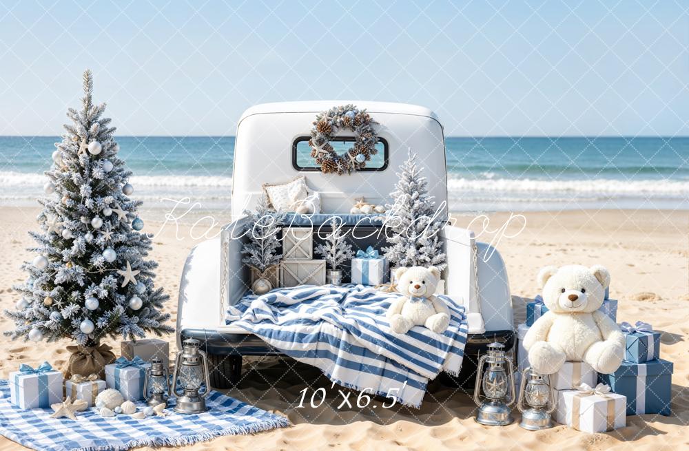 Kate Christmas Beach Truck Trees Presents Fleece Backdrop Designed by Emetselch - Image 2