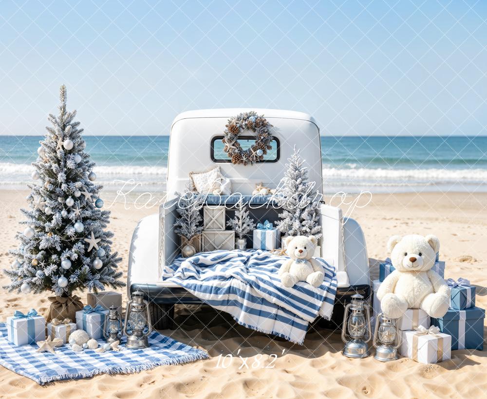 Kate Christmas Beach Truck Trees Presents Fleece Backdrop Designed by Emetselch - Image 3