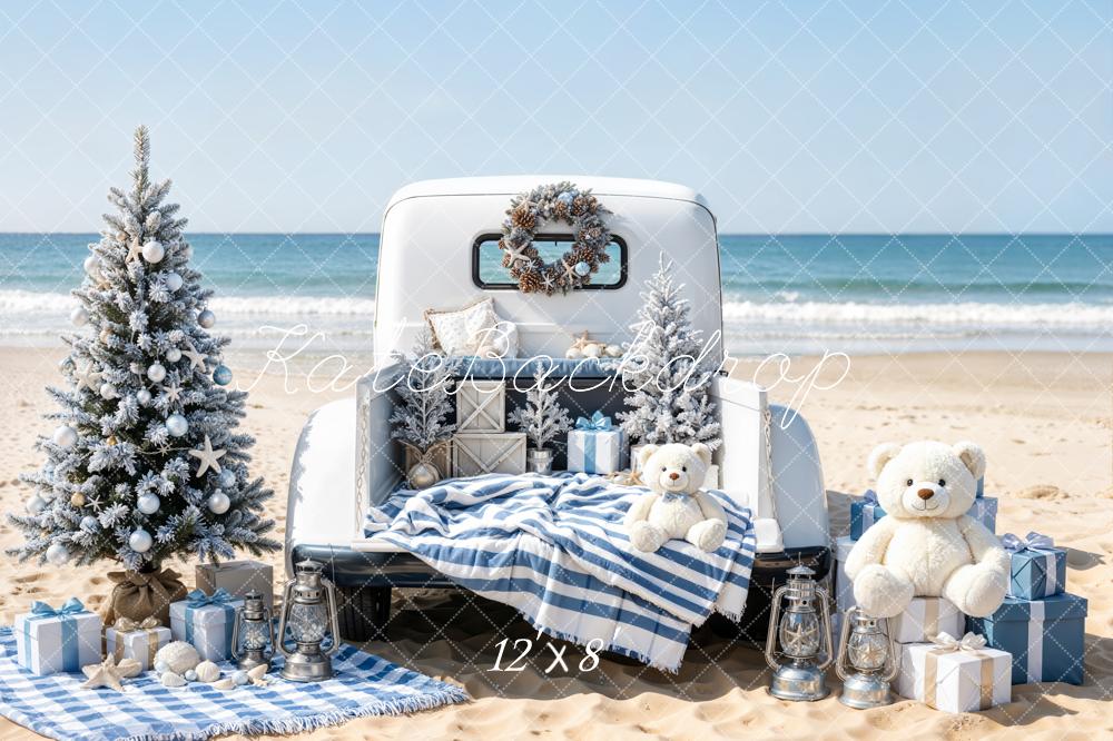 Kate Christmas Beach Truck Trees Presents Fleece Backdrop Designed by Emetselch - Image 4