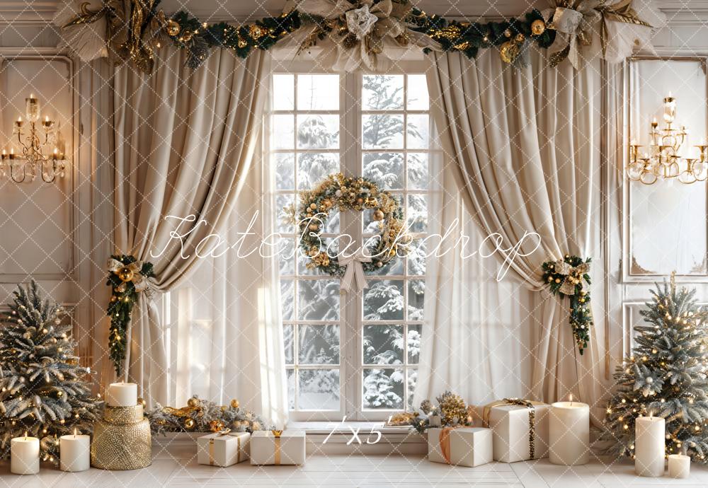 Kate Christmas Beige Curtain White Window Backdrop Designed by Emetselch