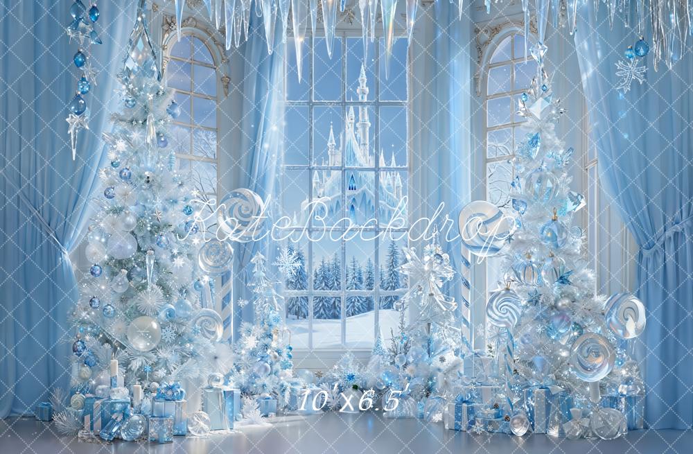 Kate Christmas Blue Castle Present Trees Backdrop Designed by Emetselch - Image 4