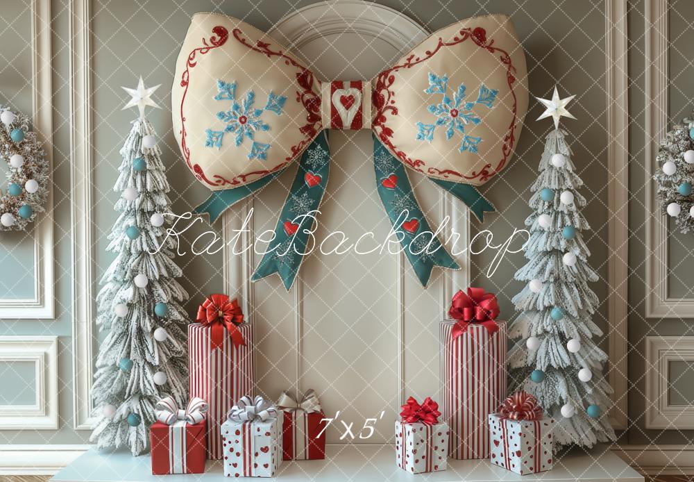 Kate Christmas Bow Frosted Trees Gifts Backdrop Designed by Mini MakeBelieve