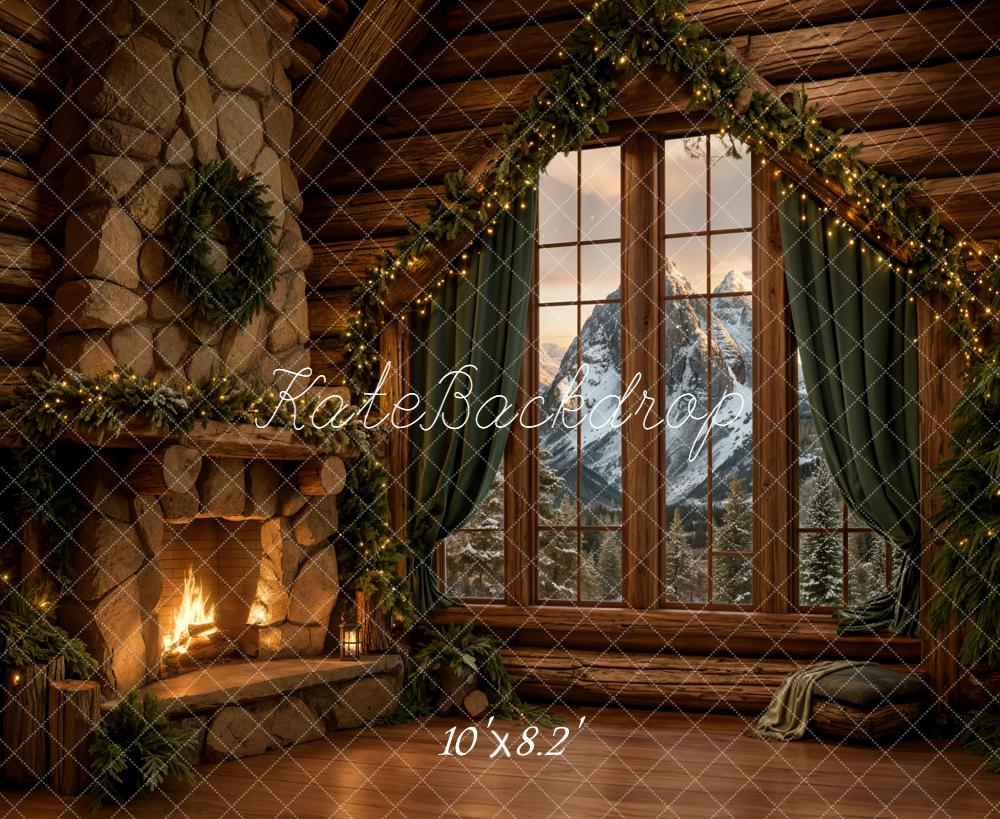 Kate Christmas Cabin Fireplace Mountain View Fleece Backdrop Designed by Emetselch - Image 3