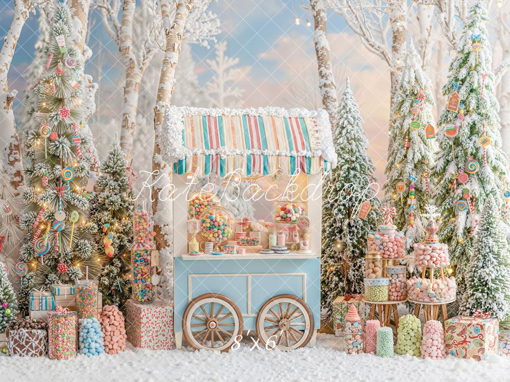 Kate Christmas Candy Cart Snowy Trees Fleece Backdrop Designed by Emetselch