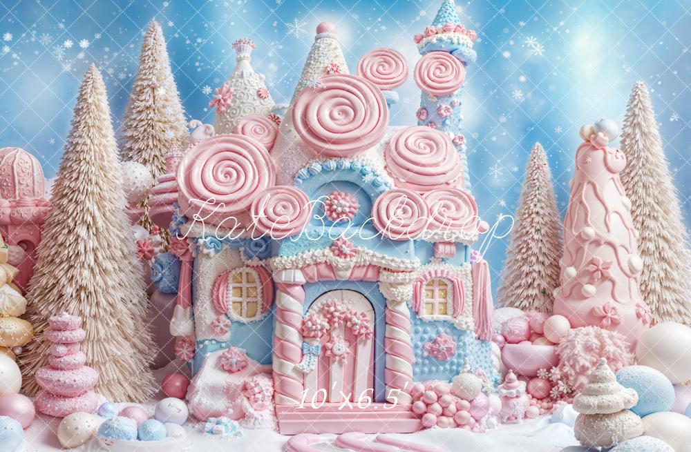Kate Christmas Candy House Snowy Trees Fleece Backdrop Designed by Emetselch - Image 2