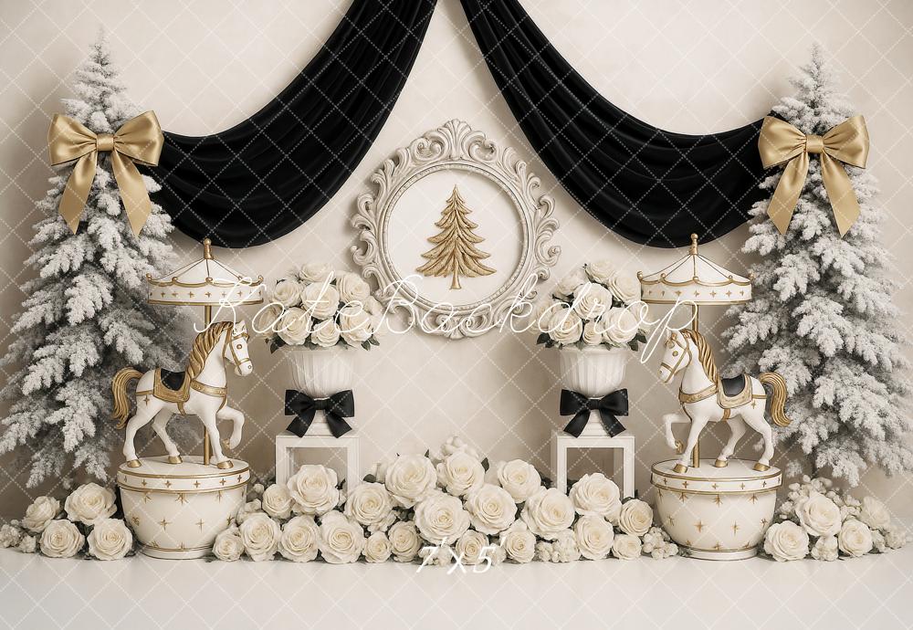 Kate Christmas Carousel Trees White Roses Backdrop Designed by Ashley Paul