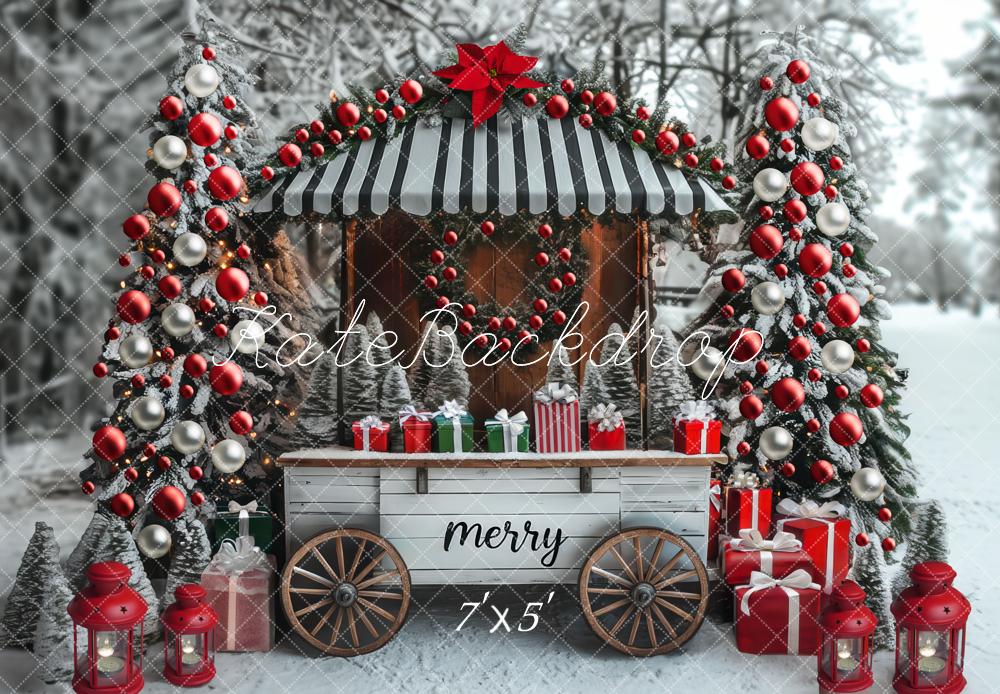 Kate Christmas Cart Presents Snowy Trees Backdrop Designed by Mini MakeBelieve