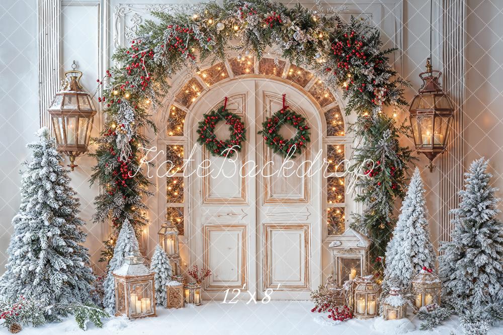 Kate Christmas Door Garland Snowy Trees Fleece Backdrop Designed by Emetselch - Image 4