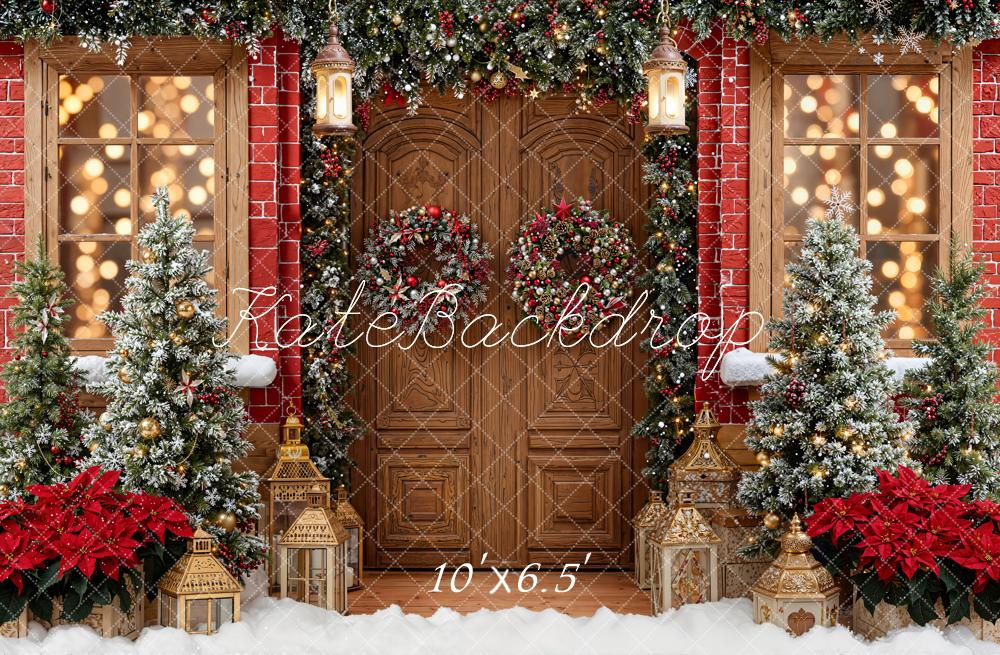 Kate Christmas Door Wreath Lanterns Fleece Backdrop Designed by Emetselch - Image 2
