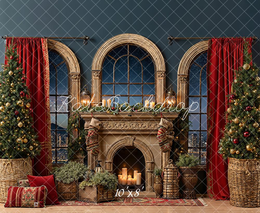Kate Christmas Fireplace Arched Windows Trees Fleece Backdrop Designed by Emetselch - Image 3