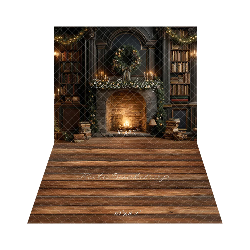 Kate Christmas Fireplace Bookshelves Garland Backdrop+Brown Wood Floor Backdrop - Image 2