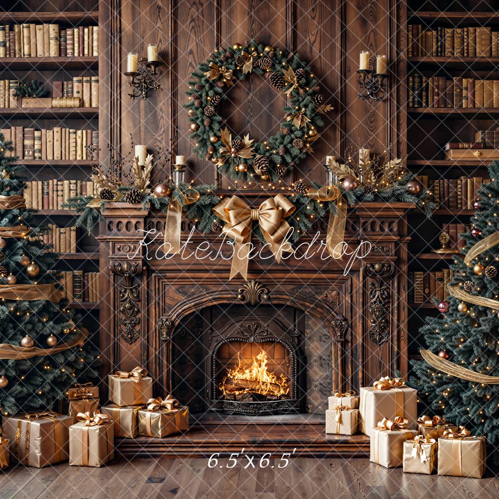 Kate Christmas Fireplace Bookshelves Trees Backdrop Designed by Emetselch - Image 4