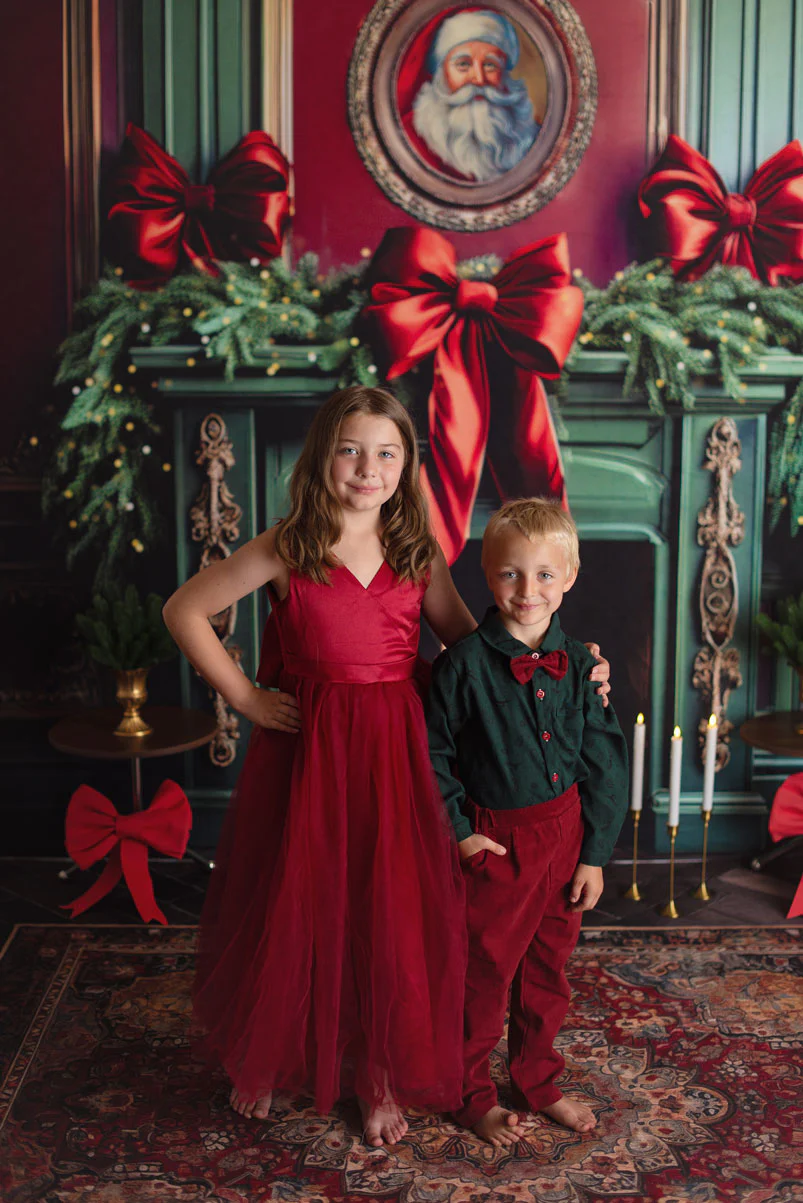 Kate Christmas Green Fireplace Bow Backdrop Designed by Mandy Ringe Photography