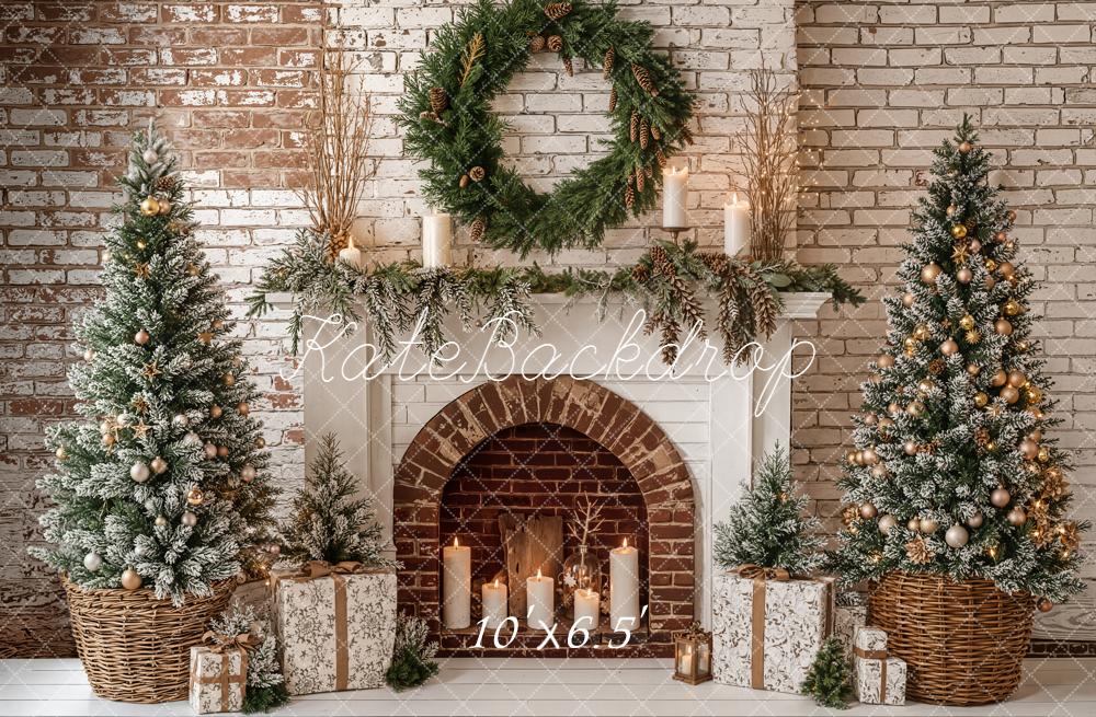 Kate Christmas Fireplace Brick Wall Frosted Trees Backdrop Designed by Emetselch - Image 4