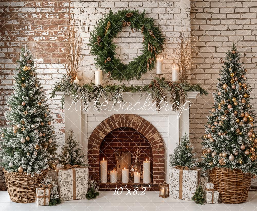 Kate Christmas Fireplace Brick Wall Frosted Trees Backdrop Designed by Emetselch - Image 6
