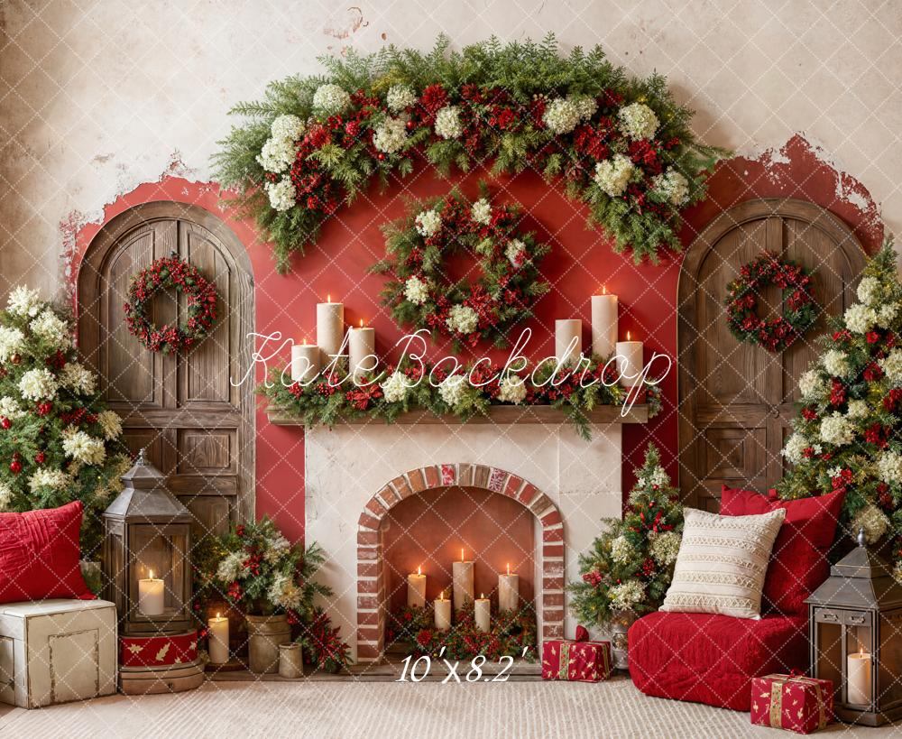 Kate Christmas Fireplace Garland Candles Fleece Backdrop Designed by Emetselch - Image 3