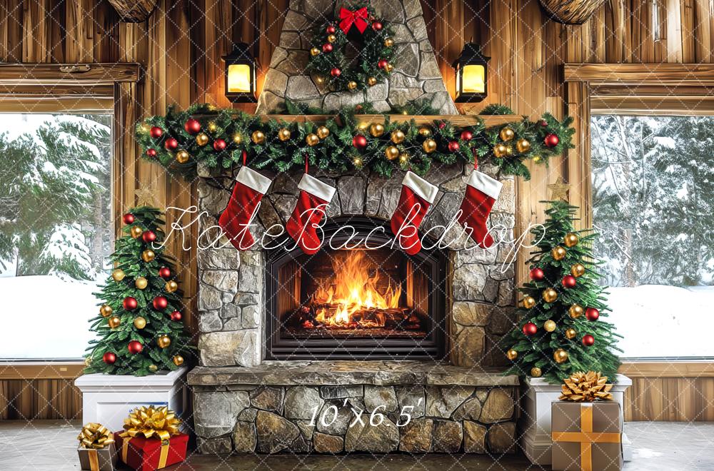 Kate Christmas Fireplace Garland Presents Backdrop Designed by Mini MakeBelieve - Image 4