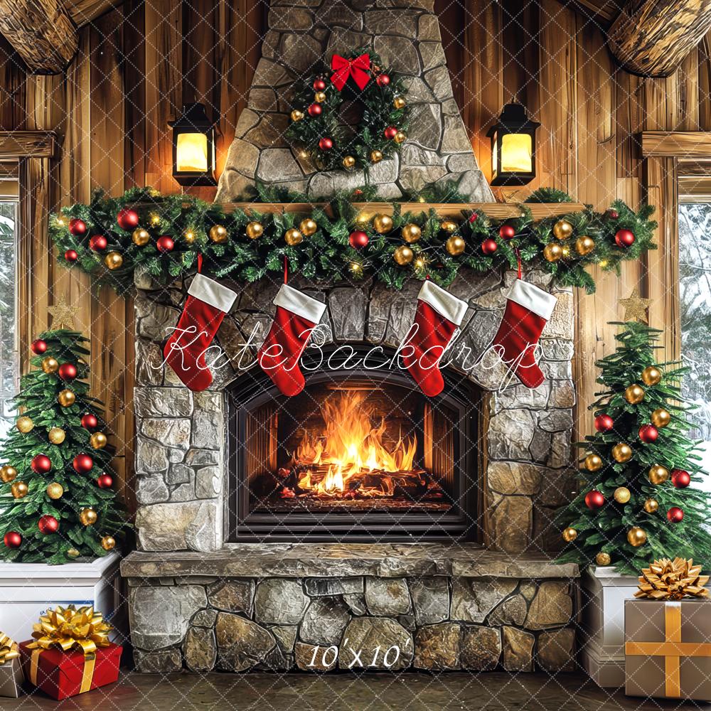 Kate Christmas Fireplace Garland Presents Backdrop Designed by Mini MakeBelieve - Image 7