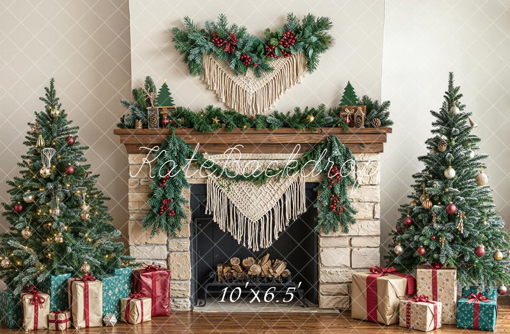 Kate Christmas Fireplace Garland Trees Presents Fleece Backdrop Designed by Emetselch - Image 2