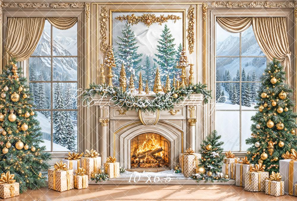 Kate Christmas Gold Fireplace Trees Fleece Backdrop Designed by Emetselch