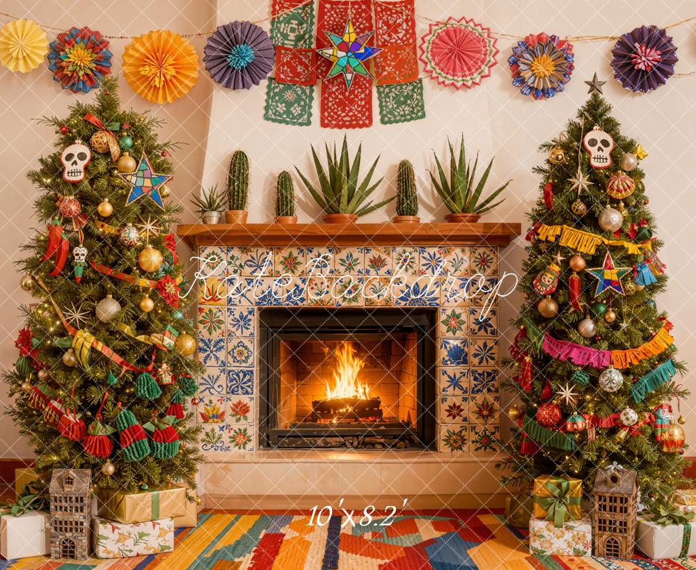 Kate Christmas Fireplace Papel Picado Trees Backdrop Designed by Emetselch - Image 6