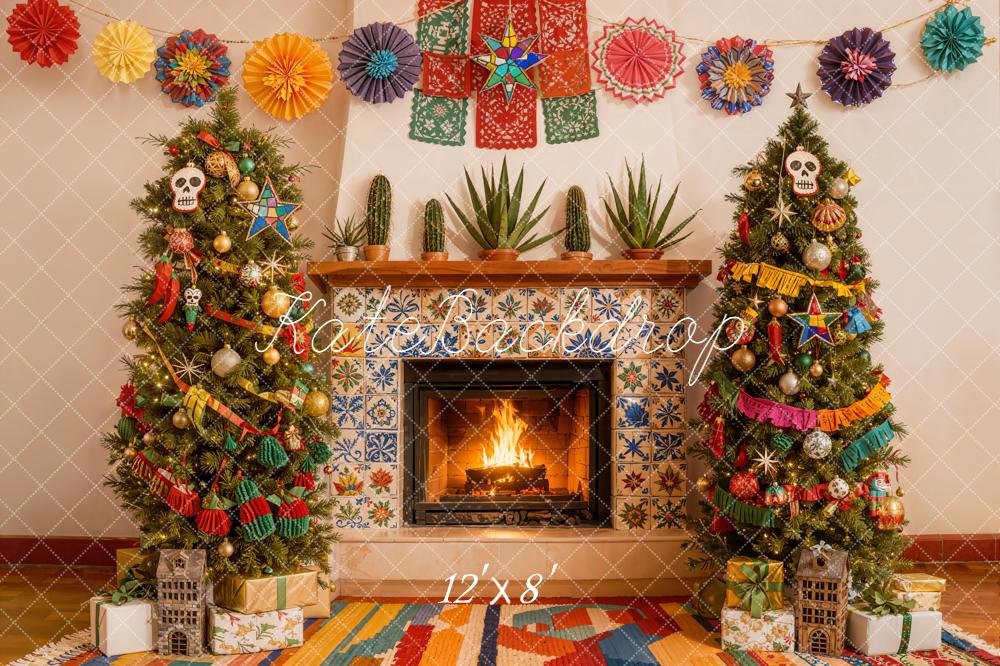 Kate Christmas Fireplace Papel Picado Trees Backdrop Designed by Emetselch - Image 8