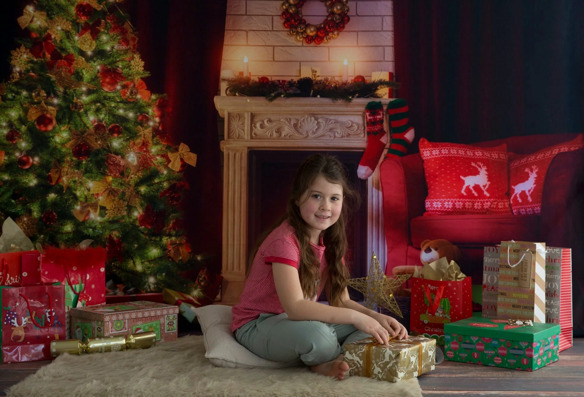 Kate Christmas Fireplace Photography +Dark wood floor mat