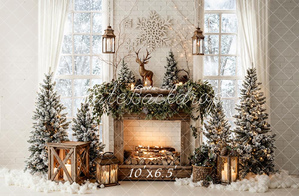 Kate Christmas Fireplace Snowflake Garland Trees Backdrop Designed by Emetselch - Image 4
