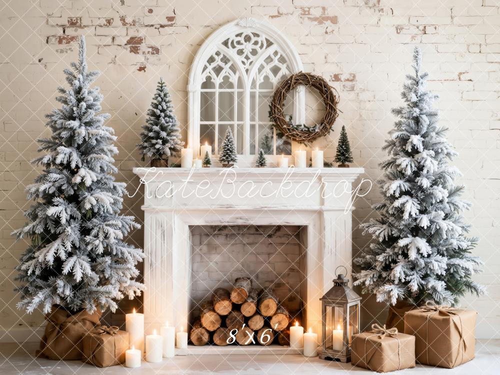 Kate Christmas Fireplace Snowy Trees Candles Fleece Backdrop Designed by Emetselch - Image 2