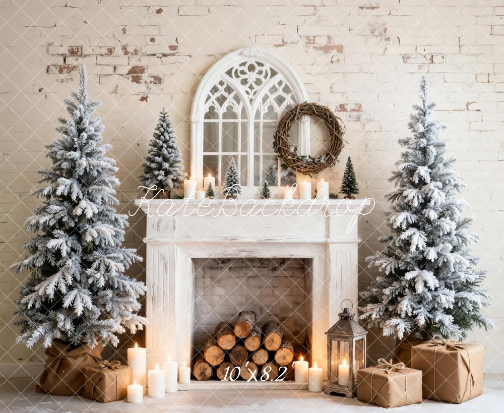 Kate Christmas Fireplace Snowy Trees Candles Fleece Backdrop Designed by Emetselch - Image 3