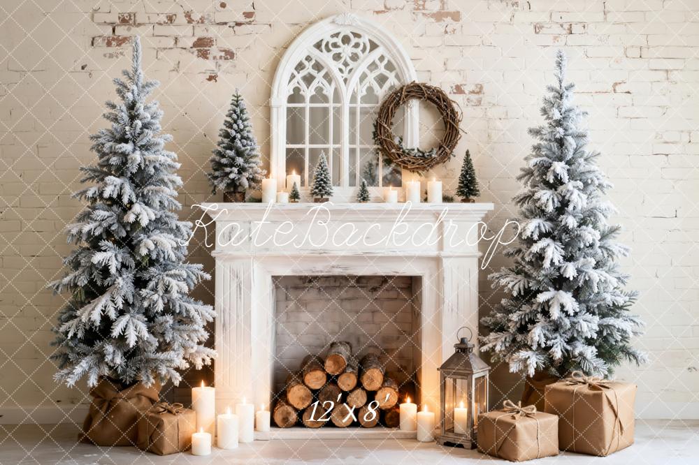 Kate Christmas Fireplace Snowy Trees Gifts Backdrop Designed by Emetselch - Image 6