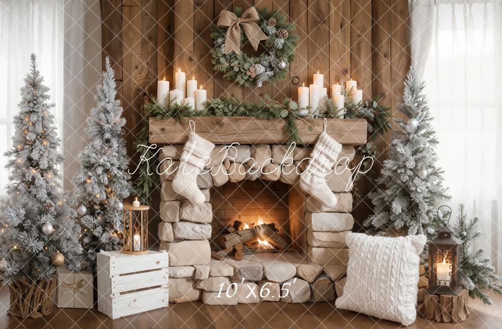 Kate Christmas Fireplace Stockings Frosted Trees Fleece Backdrop Designed by Emetselch - Image 2