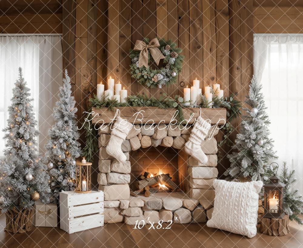 Kate Christmas Fireplace Stockings Frosted Trees Fleece Backdrop Designed by Emetselch - Image 3